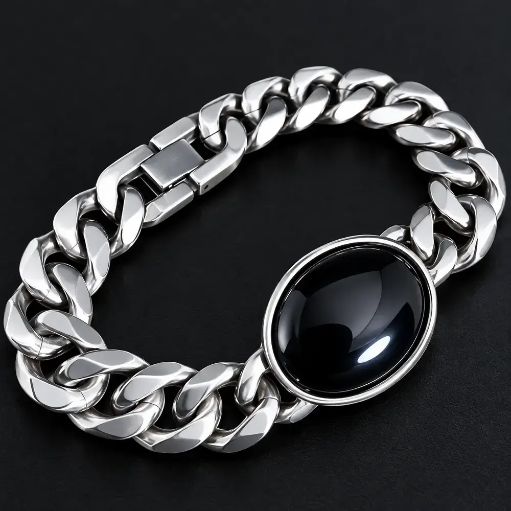 Black Stone Silver Bracelet for Men